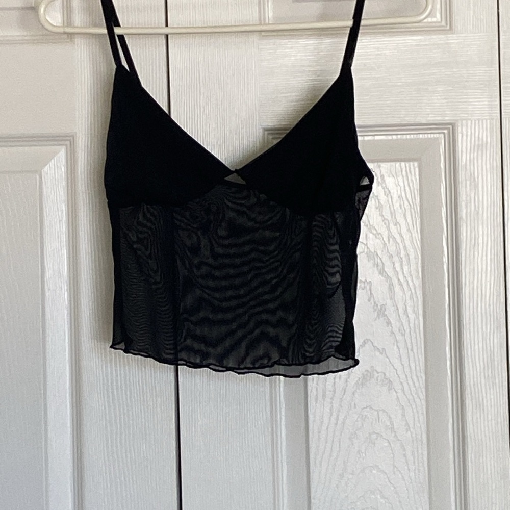 Black Cropped Half Mesh Spaghetti Strap Top